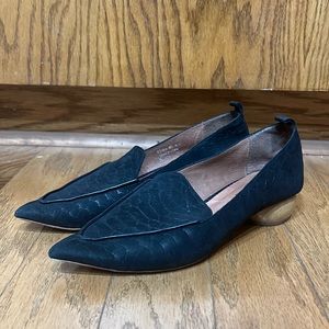 Jeffrey Campbell Pointed Toe Croc-Embossed Black Leather Loafer, wood heel